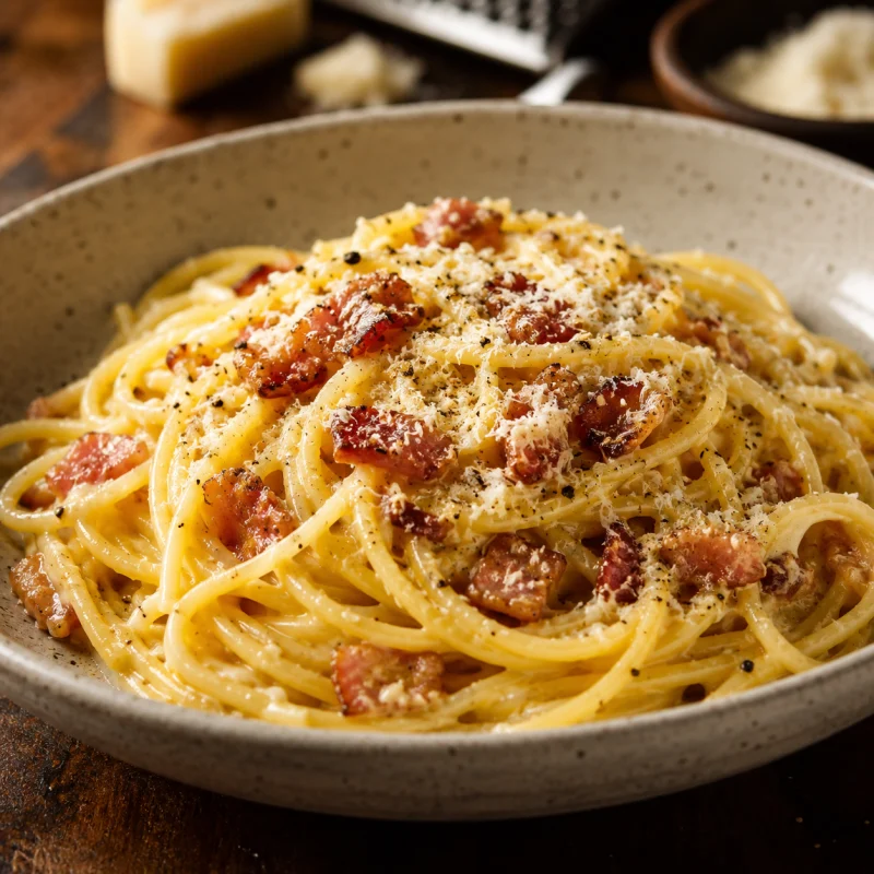 A bowl of golden spaghetti carbonara with parmesan