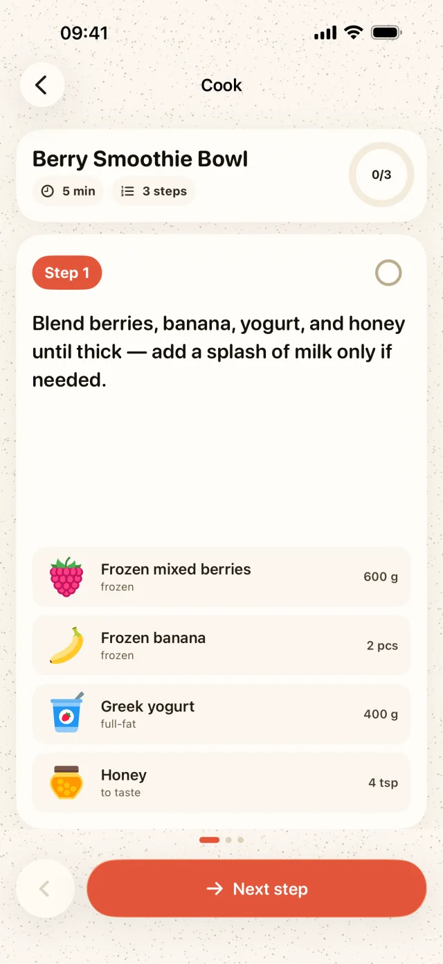 Cheflet cooking mode showing one clear recipe step with its ingredients and quantities
