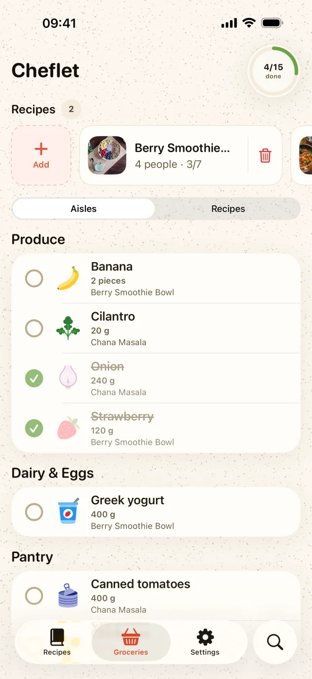 Cheflet grocery list grouped into produce, dairy and eggs, and pantry, with checked-off items