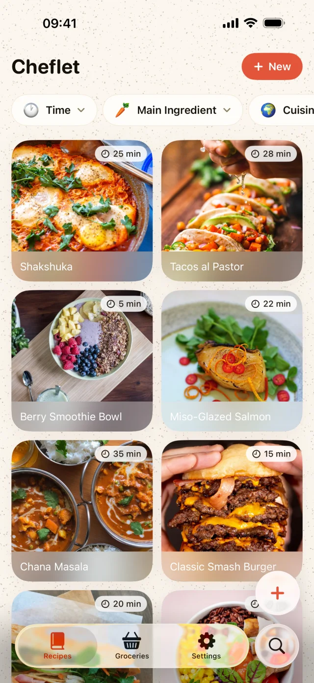Cheflet on iPhone, showing saved recipes including shakshuka, tacos, and a berry smoothie bowl